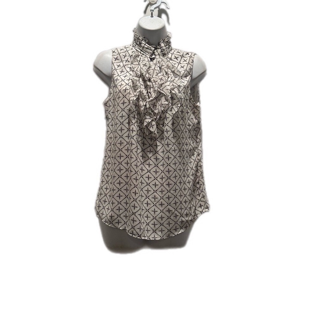 WHBM White Ruffle-Trim High-Neck Printed Shell - Size 8‎